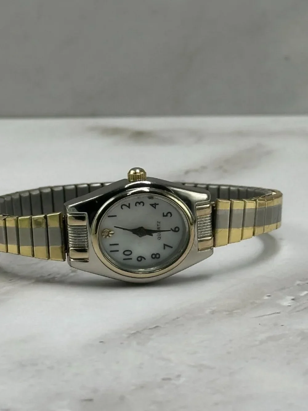 3/$30 Accutime Watch Women Silver Gold Oval Dial Stretch Band Works 6.5
